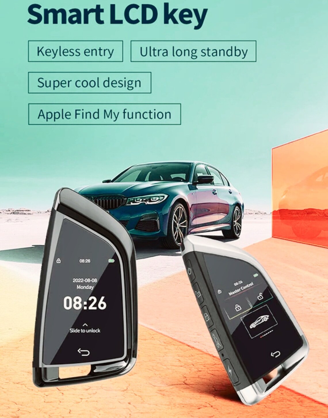 Digital LCD smart key showing date, time and slide-to-unlock screen