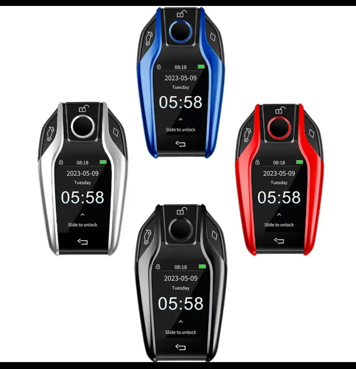 Digital smart key case colour options — blue, silver, red and black