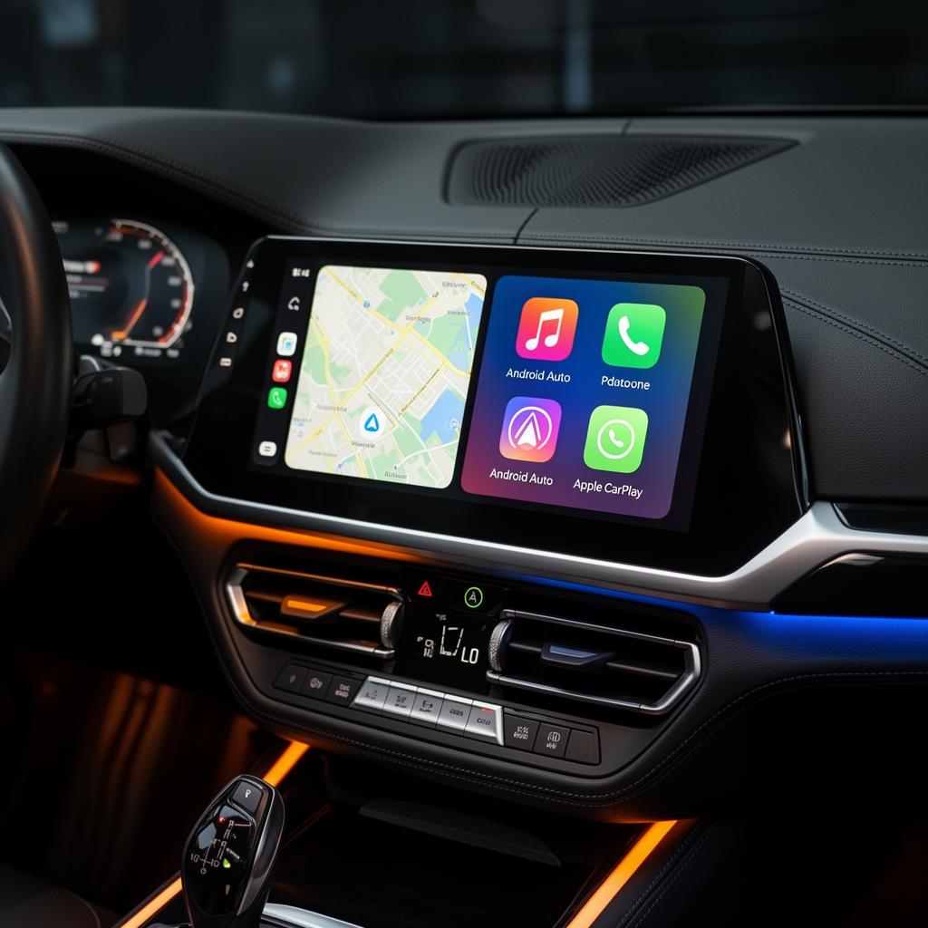 Android / CarPlay Retrofit in futuristic diagnostic garage