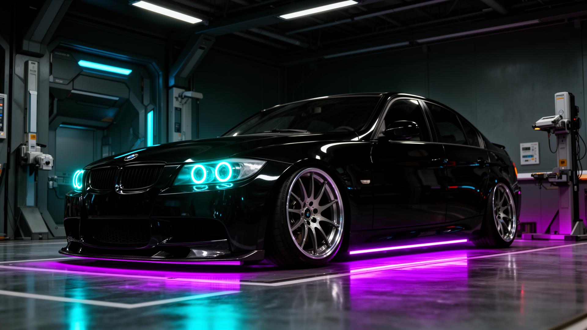 BMW E90 — Black & Neon in futuristic diagnostic garage