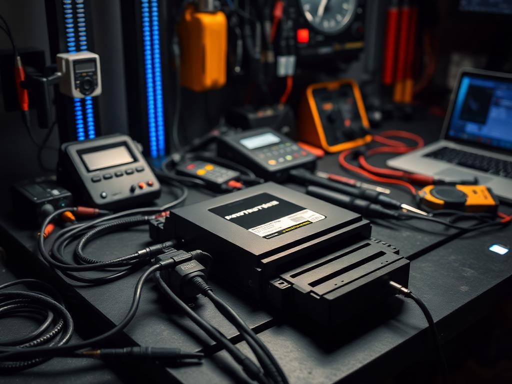 ECU Bench Programming in futuristic diagnostic garage