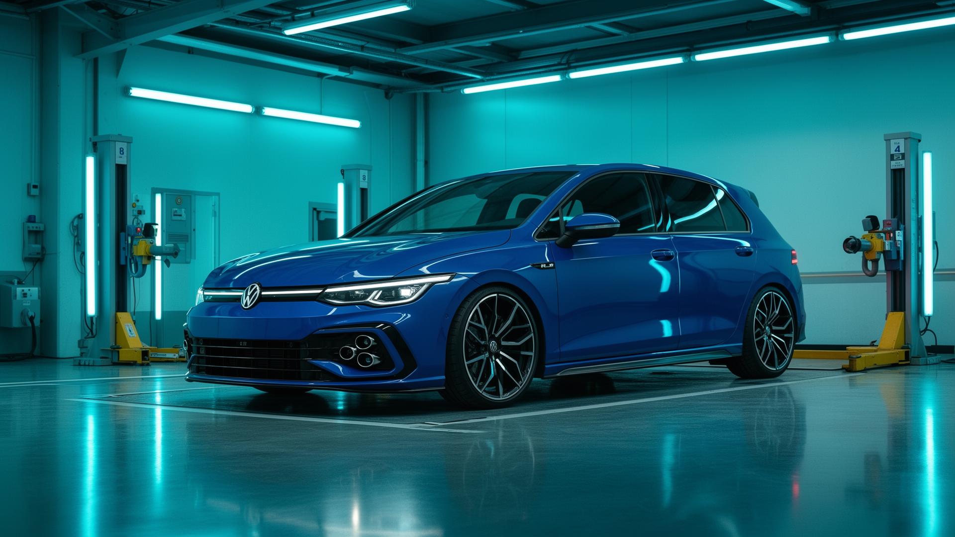 VW Golf R Mk8 in futuristic diagnostic garage