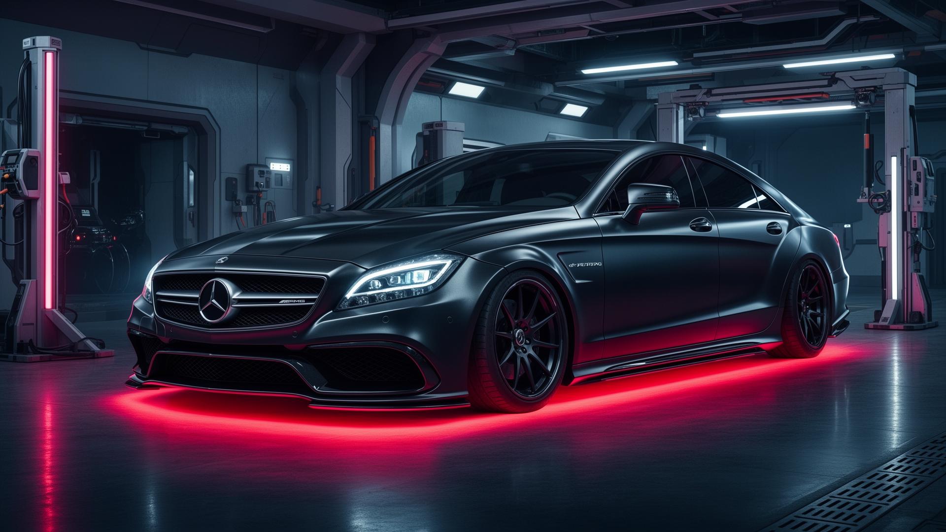 Mercedes CLS AMG in futuristic diagnostic garage