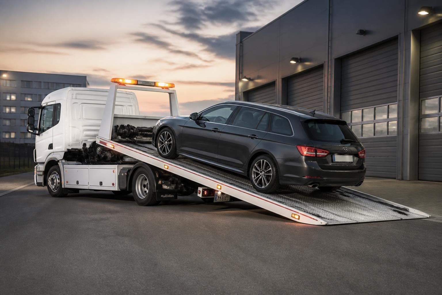 24/7 Recovery — Mercedes pickup in futuristic diagnostic garage