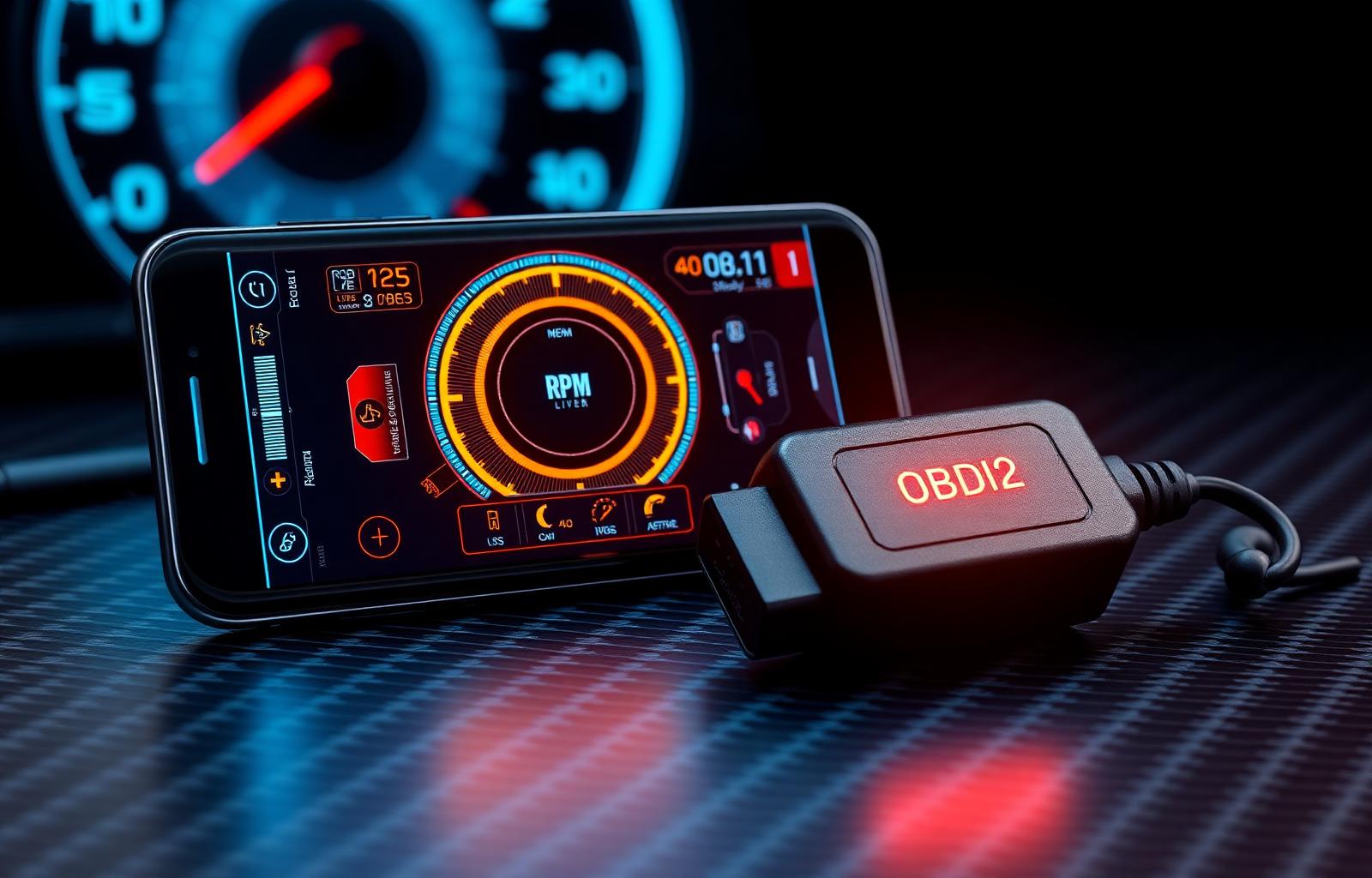 MCC OBD2 companion app running live diagnostics on a phone next to a Bluetooth OBD2 scanner
